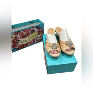 JOAN BOYCE BLUSH OPEN TOE RHINESTONE SANDALS Sz 8 Kitten Heel Mules Snakeskin